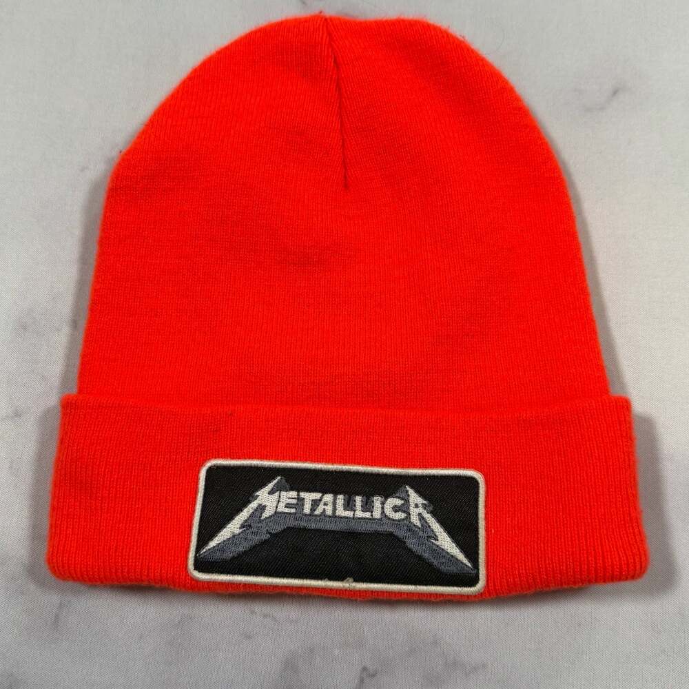 Metallica Logo Patch Cuff Beanie in Neon Orange